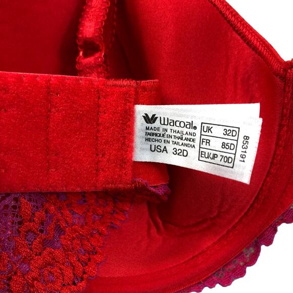 WACOAL Bra T-Shirt Embrace Lace Shirt Bra Size 32D Bold Red Purple Lace 853191 - Picture 3 of 4